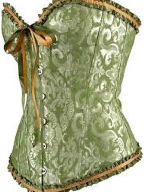 Olive Green Brocade Strapless Corset with Ribbon Trim